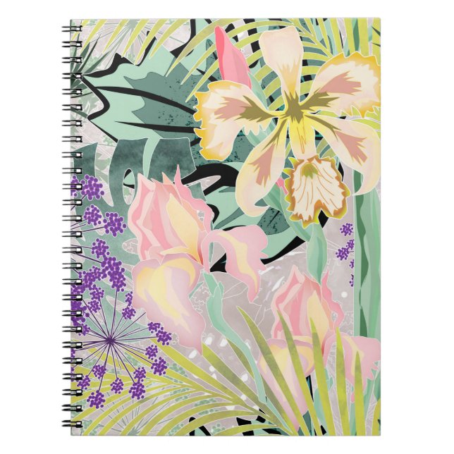 Caderno Espiral Padrão tropical com orquídeas. (Frente)