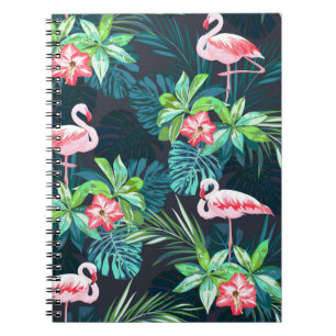 Caderno Espiral Padrão tropical de verão sem costura com flamingo
