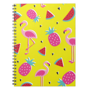 Caderno Espiral padrão tropicalcom abacaxi rosa, flamingos,