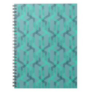 Caderno Espiral Padrão turquesa néon em fundo cinza.