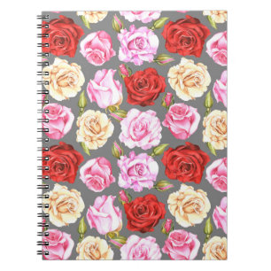 Caderno Espiral Padrão uniforme de aquarela com rosas. Sem costura