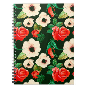 Caderno Espiral Padrão uniforme de aquarela floral. Papoilas bran