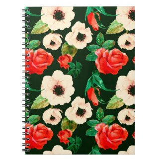 Caderno Espiral Padrão uniforme de aquarela floral. Papoilas branc