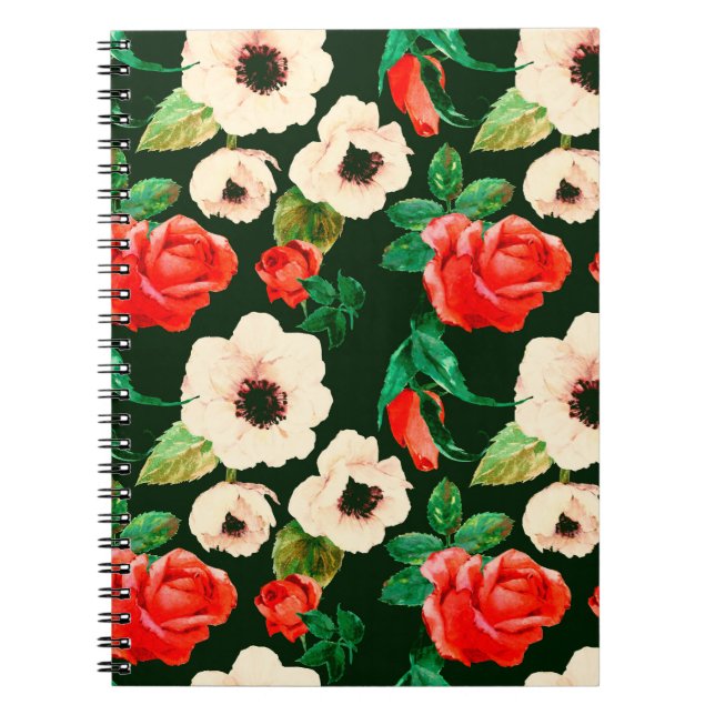 Caderno Espiral Padrão uniforme de aquarela floral. Papoilas branc (Frente)