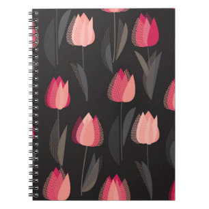Caderno Espiral Padrão uniforme de tulipas vermelhas abstrato mod
