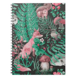 Caderno Espiral Padrão uniforme desenhado à mão com floresta aq