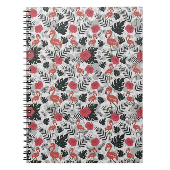 Caderno Espiral Padrão uniforme Flamingo com fundo floral (Frente)