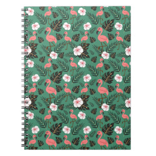 Caderno Espiral Padrão uniforme Flamingo rosa sobre fundo verde