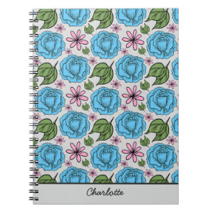 Caderno Espiral Padrão uniforme floral, azul e rosa, personalizado