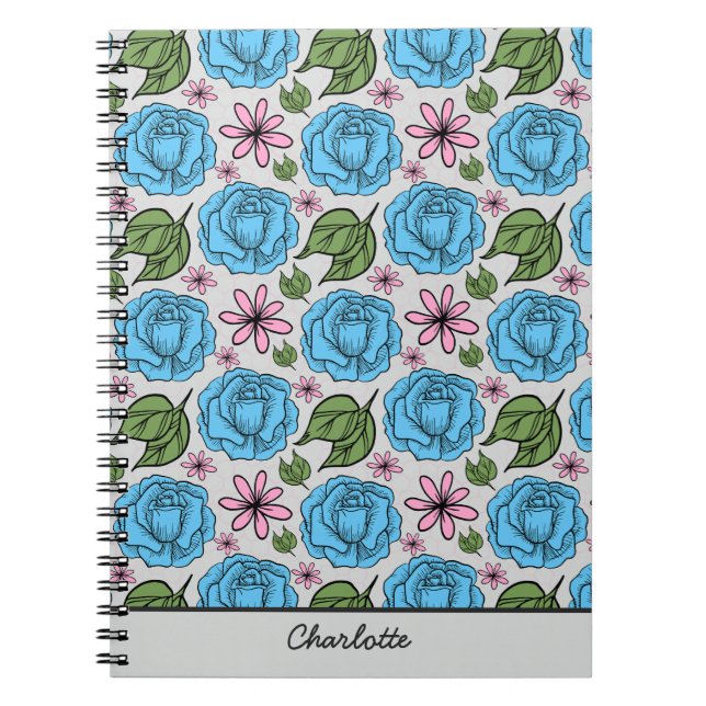 Caderno Espiral Padrão uniforme floral, azul e rosa, personalizado (Frente)