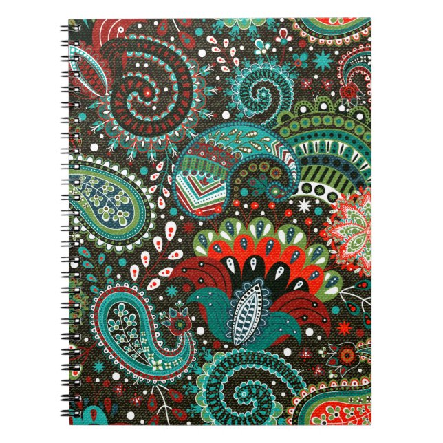 Caderno Espiral Padrão uniforme floral com elementos paisley (Frente)