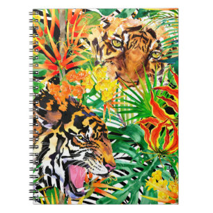 Caderno Espiral padrão uniforme tropical com tigre. aquarela j