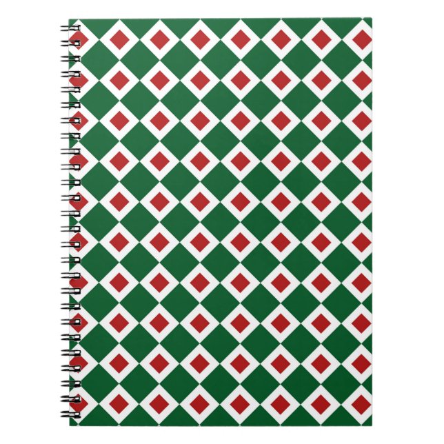 Caderno Espiral Padrão Verde, Branco, Diamante Vermelho (Frente)
