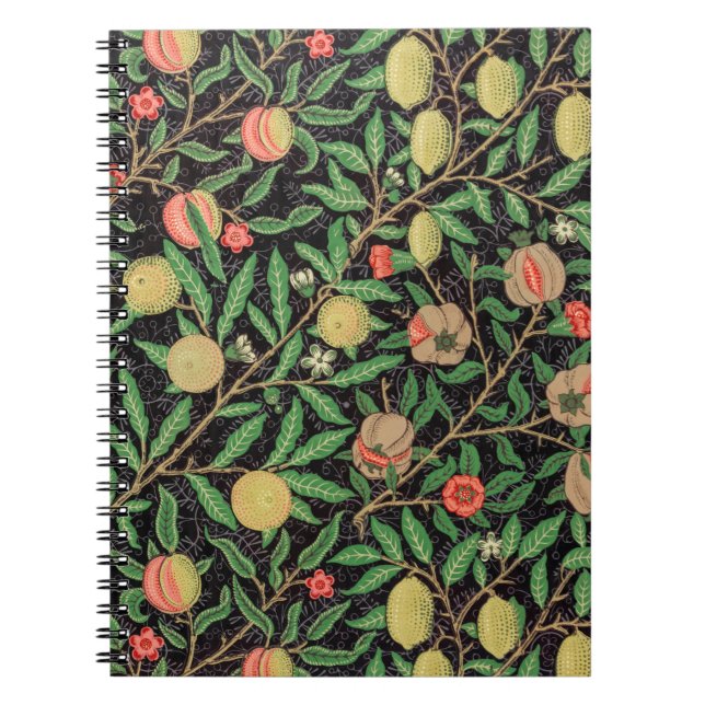 Caderno Espiral Padrão verde e Fruta vermelha de William Morris. (Frente)