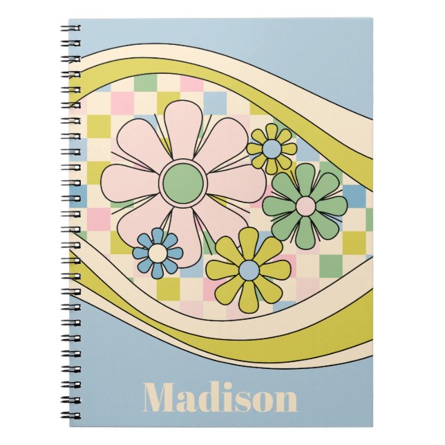 Caderno Espiral Padrão Verificado de Pastel com Vista Retro Floral (Frente)