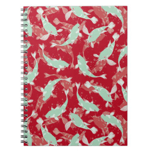 Caderno Espiral Padrão Vermelho e Verde - Peixe Koi
