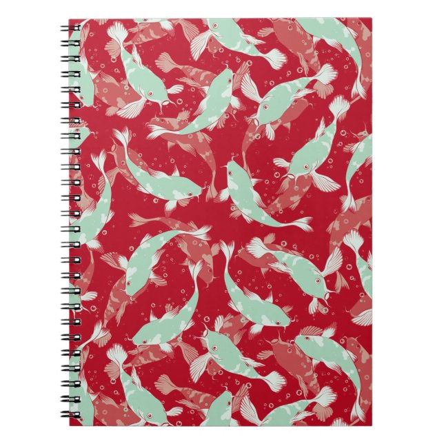 Caderno Espiral Padrão Vermelho e Verde - Peixe Koi (Frente)