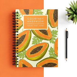 Caderno Espiral Padrão Vibrante de Fruta e Folha de Mamão Tropical