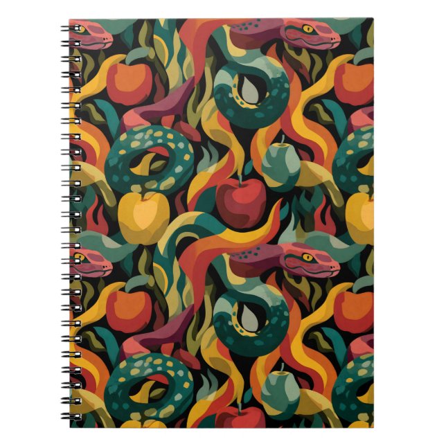 Caderno Espiral Padrão Vibrante e Contínuo com Cobras e Maçãs (Frente)