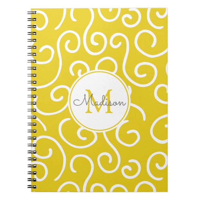 Caderno Espiral Padrão Whimsical Amarelo Brilhante com Monograma (Frente)