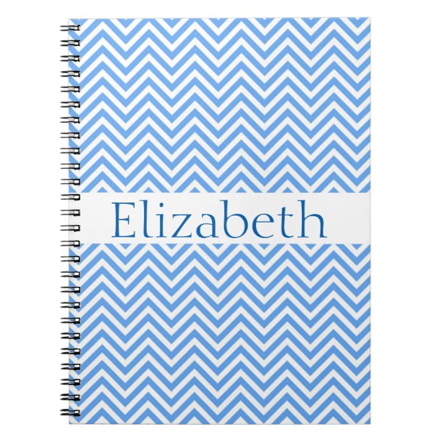 Caderno Espiral Padrão Zigzag Chevron Personalizado Azul Branco (Frente)