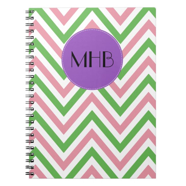 Caderno Espiral Padrão Zigzag, Chevron, Rosa, Verde, Monograma (Frente)