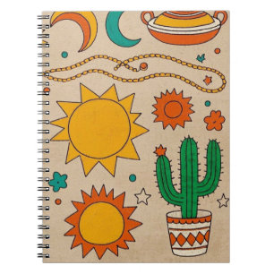 Caderno Espiral Padrões Boêmios Divertidos Sóis e luas desenhados
