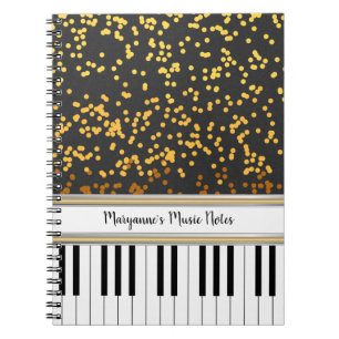Caderno Espiral Padrões Bolinhas Dourados de Chaves de Piano Perso