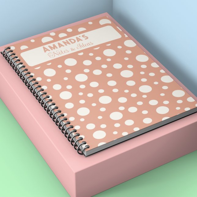 Caderno Espiral Padrões de Bolinhas de coral - nome do cliente (Personalized Blush Polka Dot – Soft Peach Minimal Notebook)