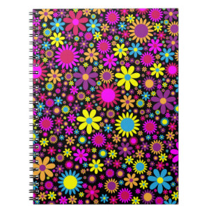 Caderno Espiral Padrões de fundo preto floral das flores colorida