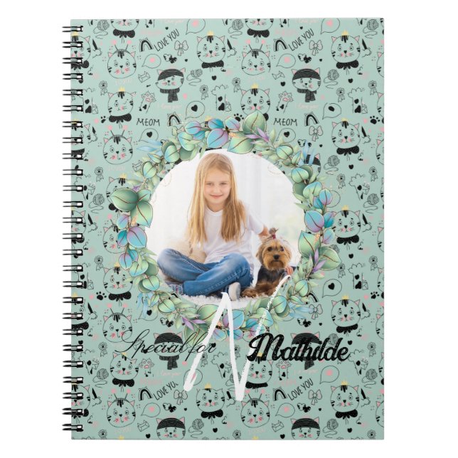 Caderno Espiral Padrões de Gato Monograma Personalizado Foto dos S (Frente)