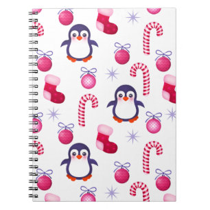 Caderno Espiral Padrões de Natal Rosa e Branco bonitos com pinguin
