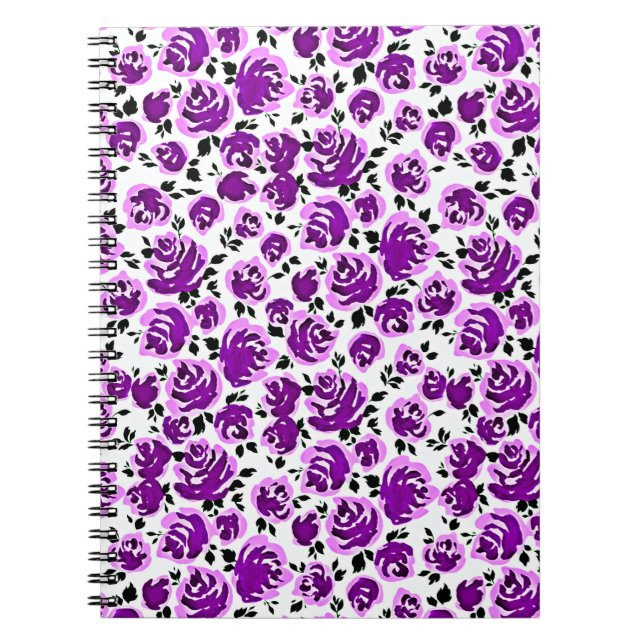 Caderno Espiral Padrões de rosa violeta branca (Frente)