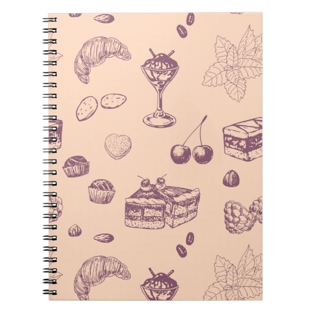 Caderno Espiral Padrões doces com várias sobremesas. (Frente)