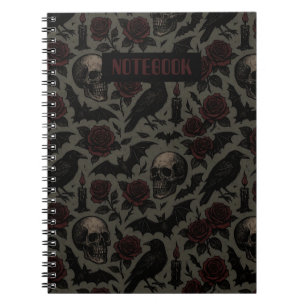 Caderno Espiral Padrões Góticos, Corvos e Rosas