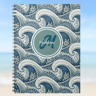 Caderno Espiral Padrões Oceanos de Ondas e Flores Polinésias