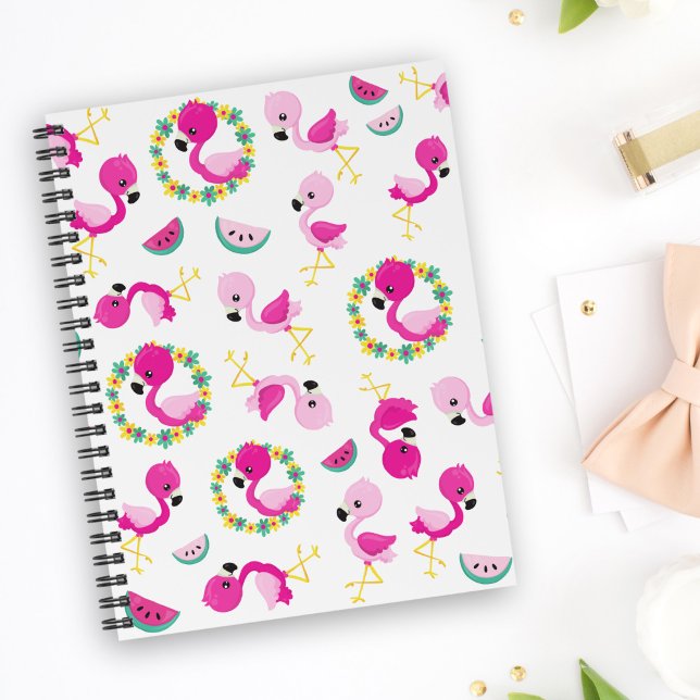 Caderno Espiral Padrões Tropicais, Flamingos, Melancias, Flores (Criador carregado)