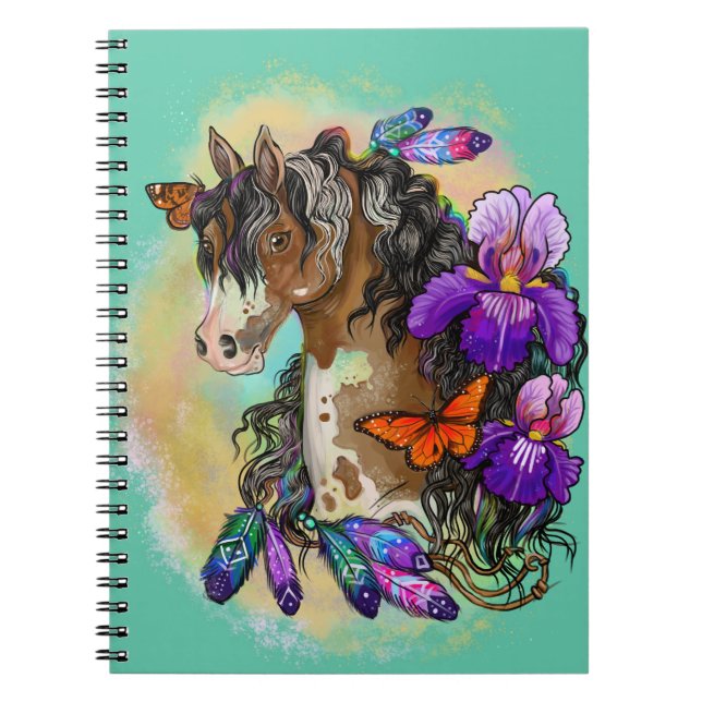 Caderno Espiral Paint Horse Mustang com Íris e borboletas (Frente)