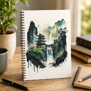 Caderno Espiral Paisagem Antiga com Tinta Chinesa e Cachoeira