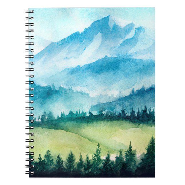 Caderno Espiral Paisagem das montanhas. Ilustração de Aquarela. (Frente)