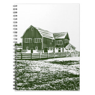 Caderno Espiral Paisagem de campo com recortes de madeira casa de