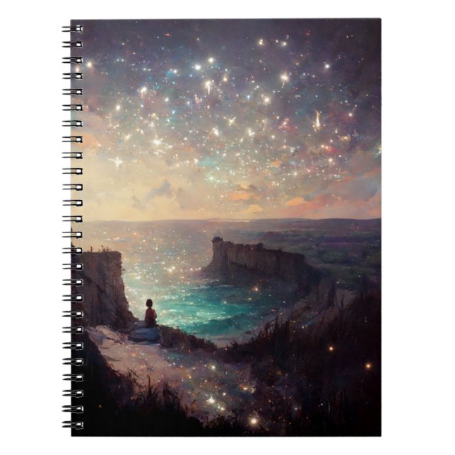 Caderno Espiral Paisagem de Fantasia da Noite de Cliffside Sci-Fi (Frente)