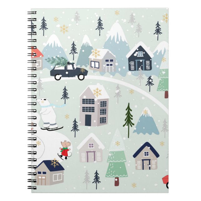 Caderno Espiral Paisagem de inverno com urso polar, fundo de Natal (Frente)