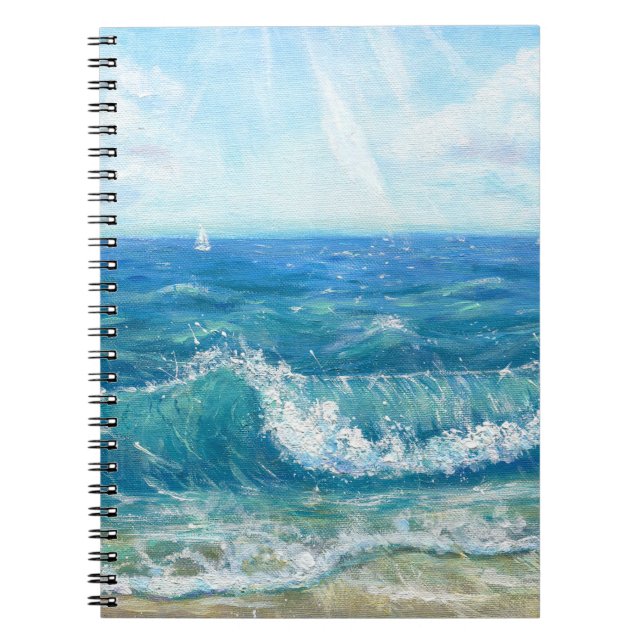 Caderno Espiral Paisagem de verão, ondas azuis, pintura acrílica. (Frente)