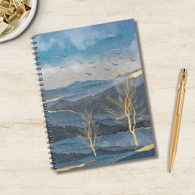 Caderno Espiral Paisagem do Céu das Aves da Dourada Luxe Azul (Criador carregado)