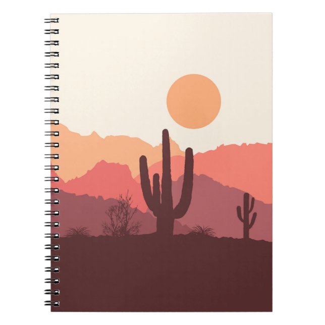 Caderno Espiral Paisagem do deserto mexicano burgundy e laranja (Frente)