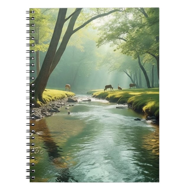 Caderno Espiral Paisagem florestal calma com reflexo de fluxo clar (Frente)