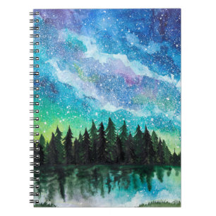 Caderno Espiral Paisagem noturna de Aquarela Via Látea