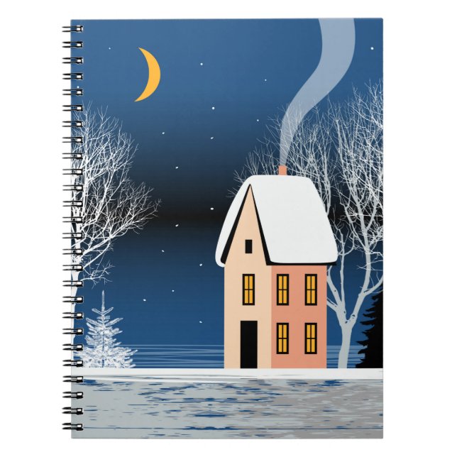 Caderno Espiral Paisagem noturna de inverno. Casa Cozy, várias árv (Frente)