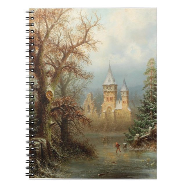 Caderno Espiral Paisagem Romântica de inverno com Patinadores de G (Frente)
